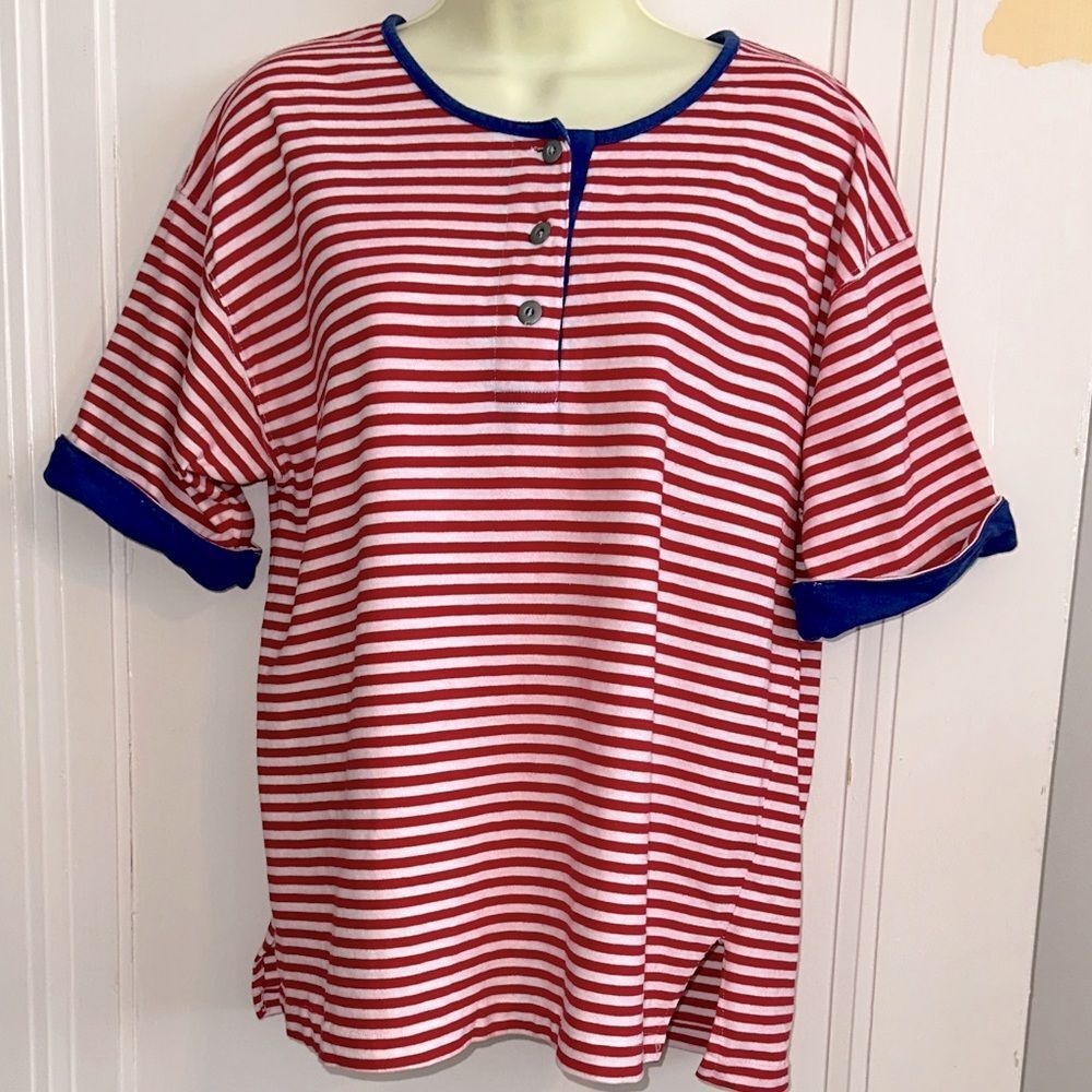 Vtg 80s/90s Boscali Sport Red,‎ White & Blue Striped Oversized Short Sleeve Top